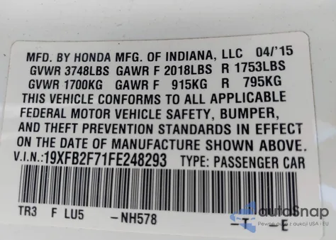 2015 Honda Civic Se from USA, damaged, VIN 19XFB2F71FE248293